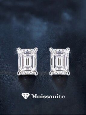 1 Carat Moissanite Emerald-Cut Stud Earrings with COA NWT